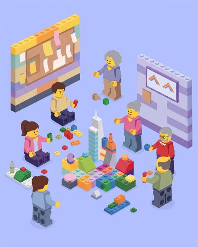 Mehrere illustrierte Lego-Figuren stehen in einem Raum um ein Modell, das ebenfalls aus Lego-Steinen gebaut wurde.