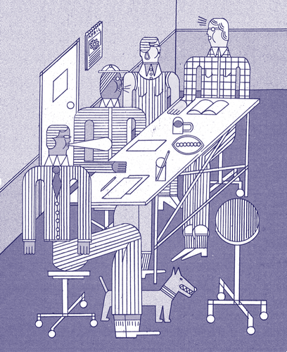 Illustration zum Thema Witze am Arbeitsplatz: Vier illustrierte Figuren sitzen gemeinsam an einem Tisch.