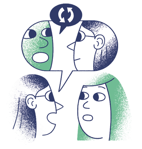 Zwei illustrierte Figuren sprechen miteinander über ein Gespräch, dass die linke Person mit einer anderen geführt hat. 