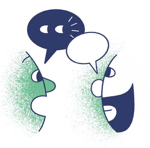 Zwei Gesichter sind sich einander zugewandt und über ihren Köpfen befinden sich Sprechblasen.