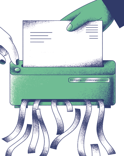 Illustration eines Aktenvernichters, in den ein Dokument mit dem Text ‚Ein Kündigungsprozess, der versucht, sie zu verhindern‘ eingeschoben wird; Papierstreifen fallen unten heraus.