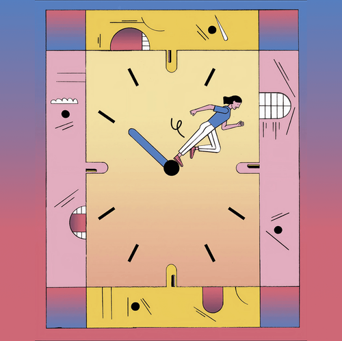 Im Zentrum der Illustration sieht man eine Uhr, die als großen Zeiger eine rennende Frau hat. Vier Gesichter umrahmen die Uhr. Die Gesichter schreien sie an.