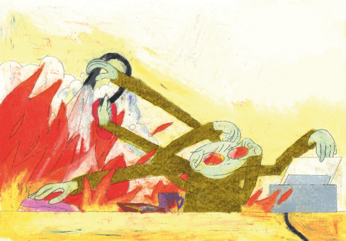 Eine Person mit fünf Armen sitzt an einem brennenden Schreibtisch und holt gleichzeitig ein Blatt aus dem Drucker und drückt mit einer anderen Hand auf einer Computermaus.