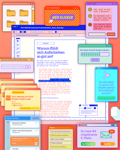 Eine Collage mit vielen Chat-Fenstern, die aufploppen. Im Hintergrund sieht man ein Text-Dokument.