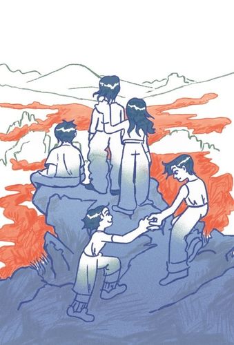 Fünf Figuren stehen auf einem Berggipfel. Eine Figur hilft einer anderen beim Aufstieg. Drei Figuren schauen über ein Nebelmeer in die Ferne.