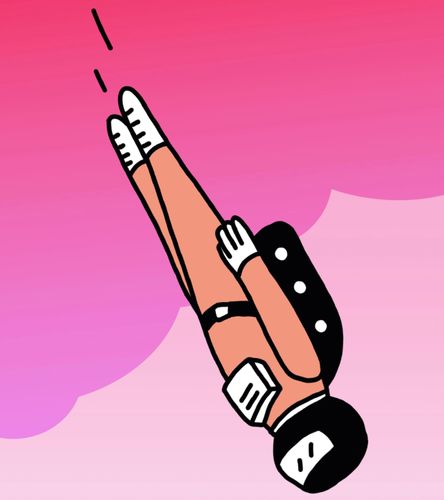 Eine Figur, die fallschirmspringt und die kopfüber nach unten fliegt.