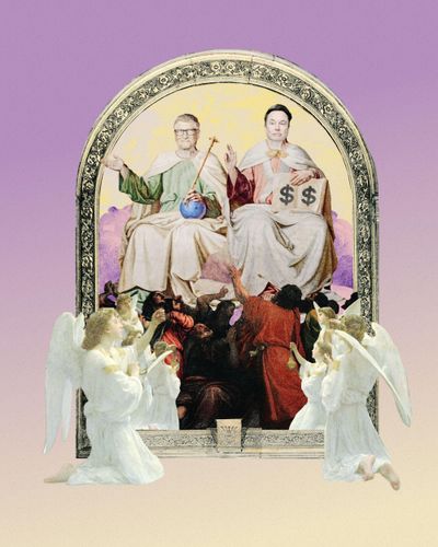 Bill Gates und Elon Musk in einem Gemälde, vor ihnen knien Engel