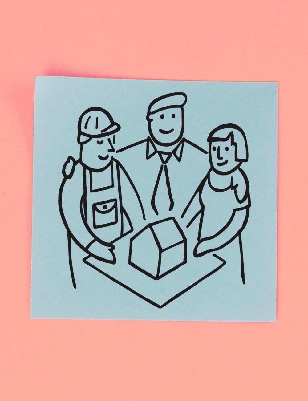 Ein Post-it mit drei Menschen drauf, die auf ihr gemeinsames Haus schauen